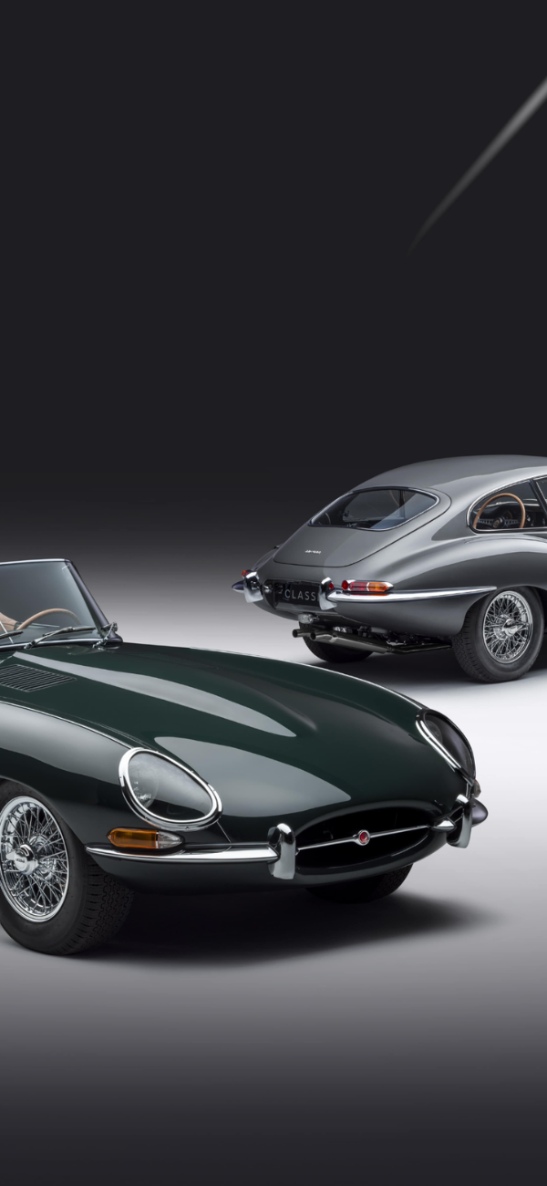Green Jaguar E-Type convertible and silver coupe.