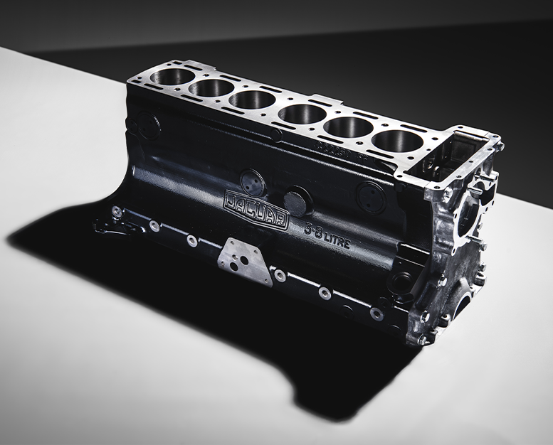 Jaguar E-Type 3.8-litre six-cylinder engine block.