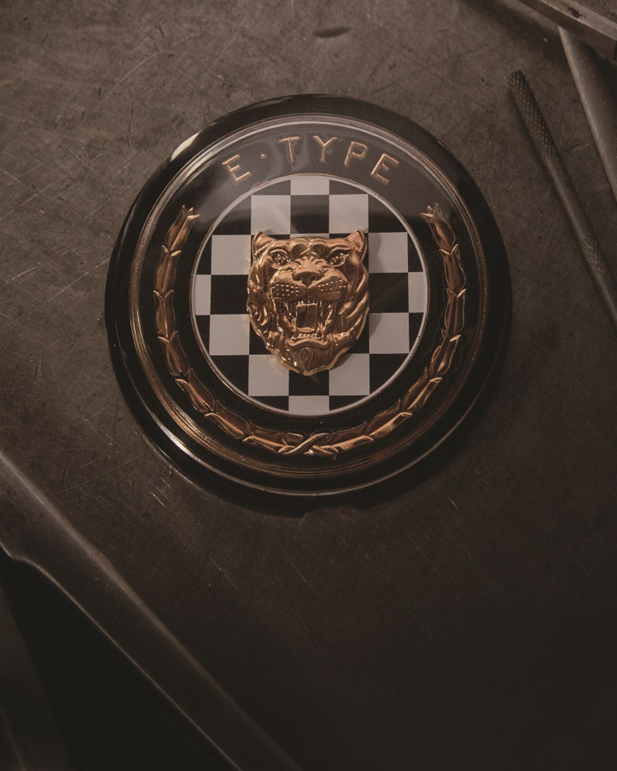 "E-TYPE" customised emblem with jaguar head and checkered background.