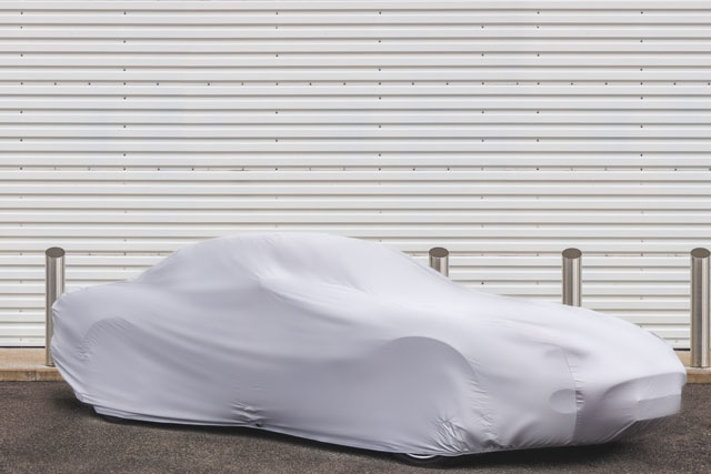 Covered Jaguar parked in front of closed metal garage door.